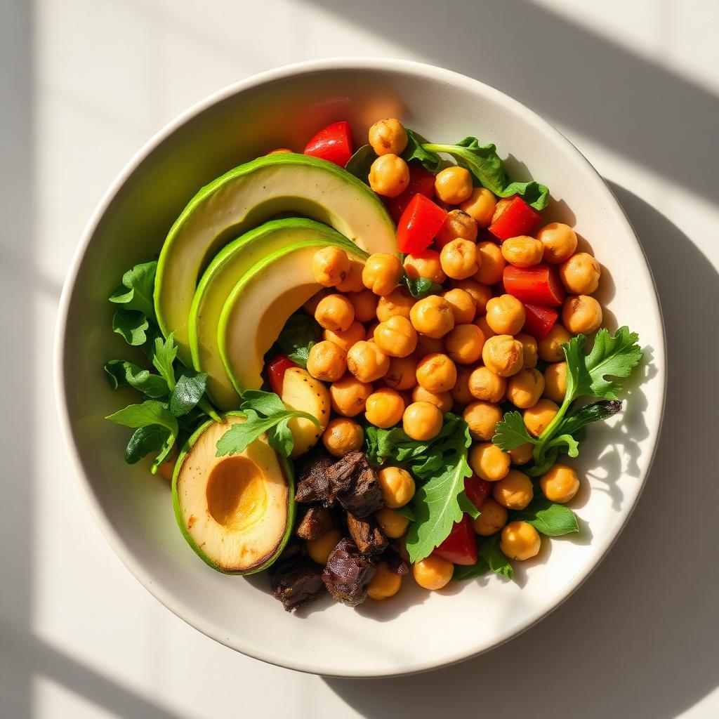 Plato saludable con vegetales, aguacate y garbanzos